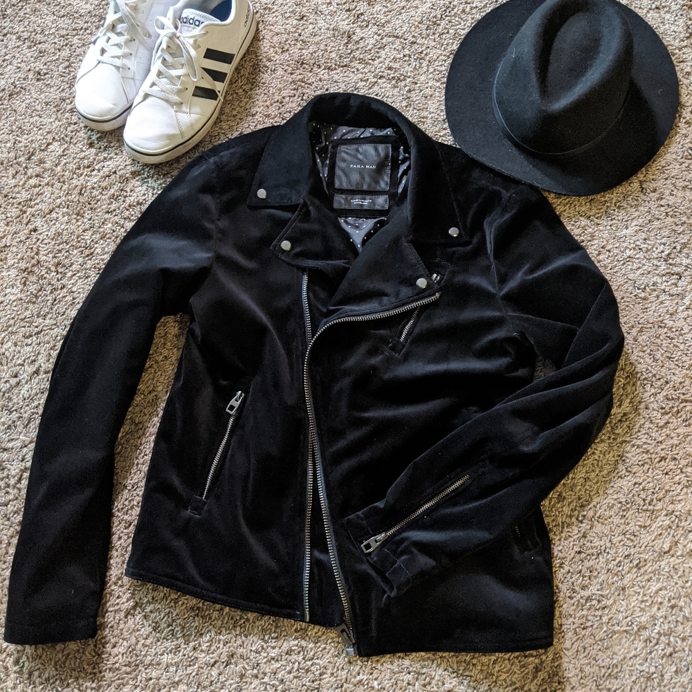 Men's Black Zara Man Velvety Moto Jacket